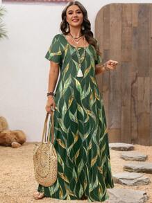 EMERY ROSE Plus Size Women's Autumn Emerald Green Floral Print Short Sleeve Square Neck Maxi Dresses Summer Spring Fall Beach Vacation Boho Safari Bohemian - Green - View 5