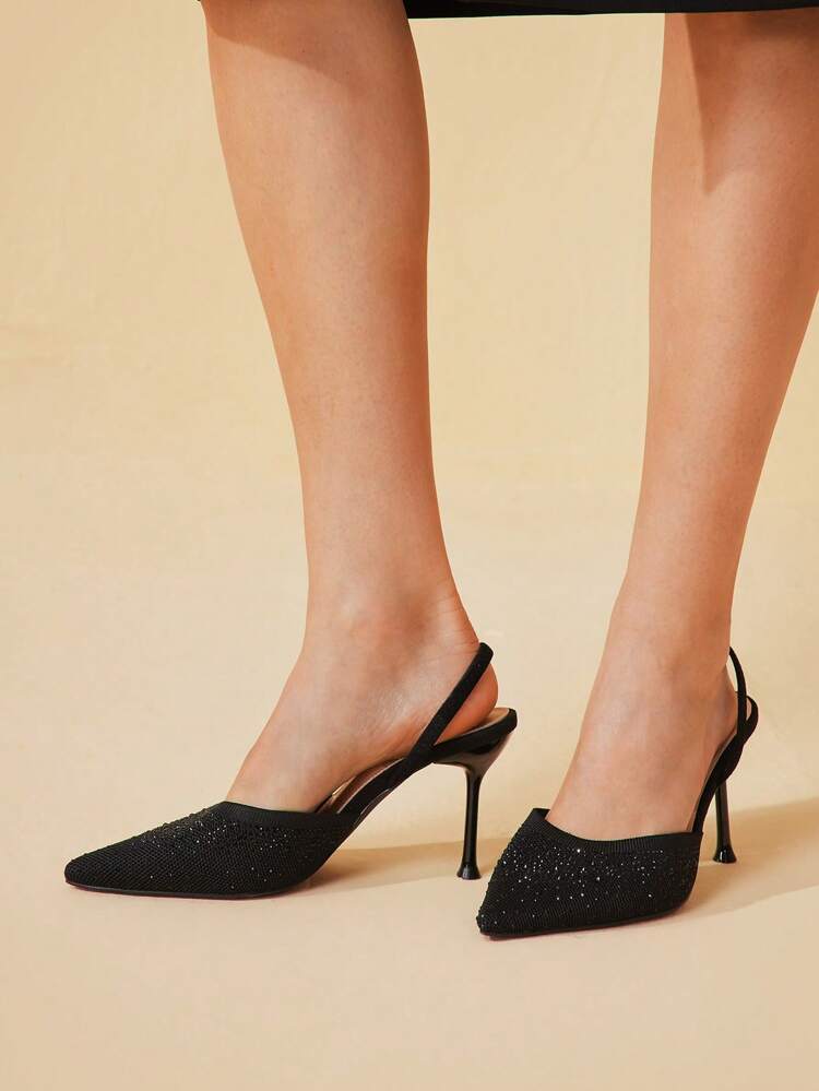 CUCCOO BASICS Women's Black Pointed Toe High Heel Rhinestone Decorated Pumps