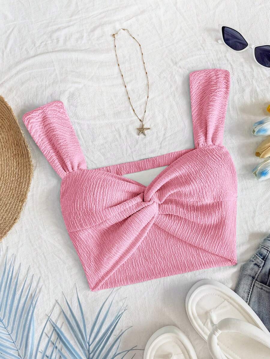 Soleia 女士度假针织上衣，正面扭纹细节，心形领，露背，短款 - 粉色 - 查看 1