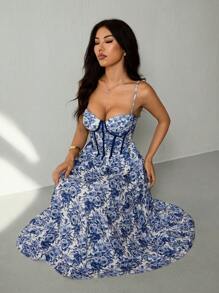 SHEIN PETITE Đầm corset cạp cao họa tiết hoa màu xanh và trắng tương phản sọc eo - Màu xanh lam - Xem 1