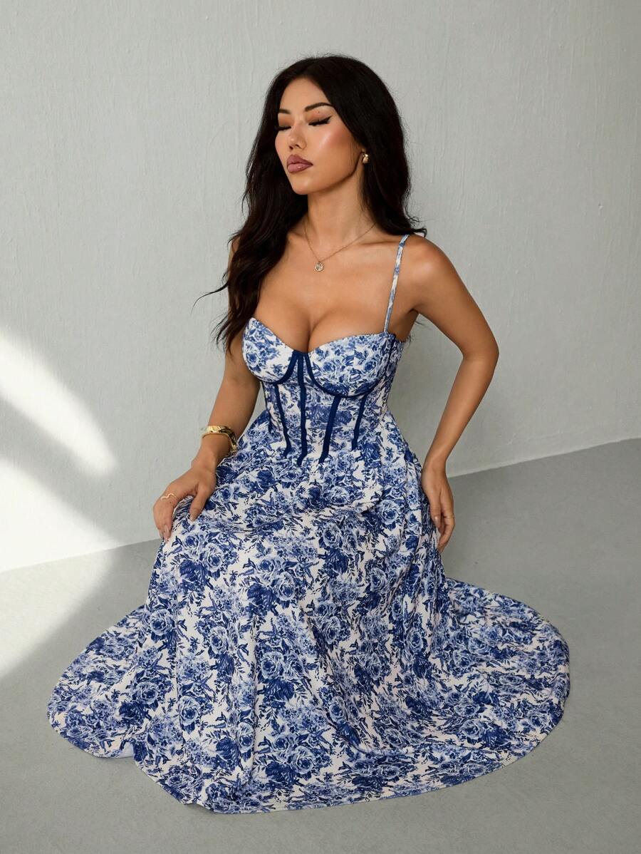 SHEIN PETITE Đầm corset cạp cao họa tiết hoa màu xanh và trắng tương phản sọc eo - Màu xanh lam - Xem 1