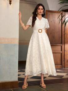 ZEYLAH Vestido largo elegante con escote en V, mangas cortas y cintura ceñida con cortes