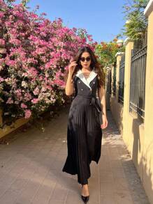 Modelyn Mono de verano elegante y plisado para mujer, intelectual, en color negro y blanco, para uso diario