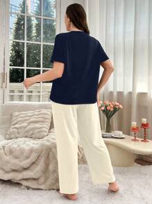 休闲字母睫毛印花大码睡衣套装 - 藏蓝色 - 查看 2