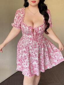 Vibekara Nuevo vestido corto elegante con estampado floral, manga de globo casual ajustada, cintura con cordón, forma acampanada, cómodo y favorecedor - Rosa - Ver 3