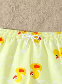 Young Boy Duck Print Beach Swim Trunks - Yellow - View 5
