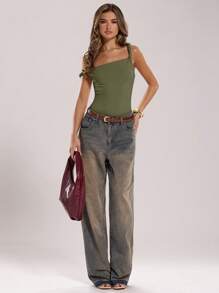 SHEIN BAE Women's Summer Solid Black Asymmetric Neck Twist Detail Casual Bodysuit / Fashion Streetwear, Versatile Minimalist / Sleeveless Fitted Bodysuit - Army Green - View 5