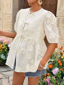 SHEIN 夏季休闲度假波西米亚风花卉孕妇衬衫 - 杏色 - 查看 4