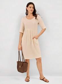 Miaspire Women Casual Solid Color Short Dress - Khaki - View 6