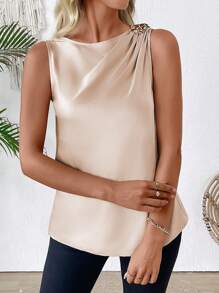 EMERY ROSE Women's Solid Color Ruched Round Neck Metal Flower Decor Sleeveless Elegant Blouse