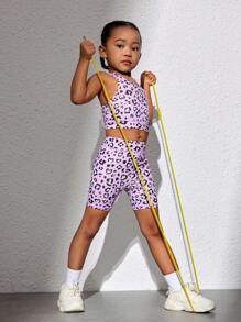 SHEIN 少女針織豹紋無袖上衣和短褲運動套裝