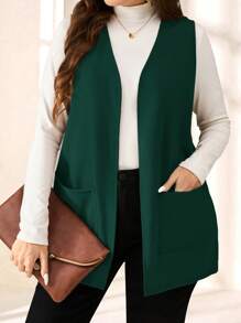EMERY ROSE Plus Size Solid Color Sleeveless Loose Pocket Simple Casual Coat,Spring/Summer,Vacation,Business Casual In Fall/Winter - Dark Green - View 1
