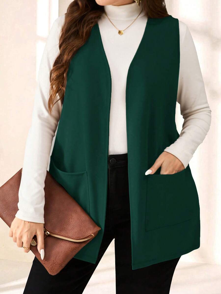 EMERY ROSE Plus Size Solid Color Sleeveless Loose Pocket Simple Casual Coat,Spring/Summer,Vacation,Business Casual In Fall/Winter - Dark Green - View 1