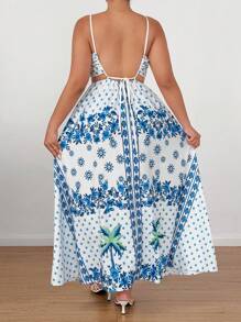 Flirla Bohemian Print Hollow Out Spaghetti Strap Long Summer Vacation Beach Dress