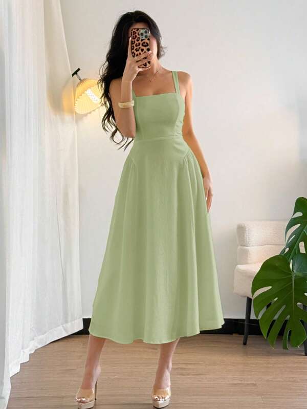Firerie Damen elegantes, simples Urlaubsstrand Gelb Seersucker Stoff Spaghetti-Träger Taillenraffung A-Linie Midi-Kleid