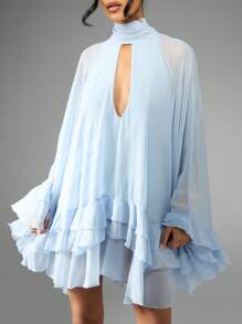 MISSGUIDED 雪纺披肩迷你连衣裙，荷叶边层叠袖，高领露背设计，优雅春夏婚礼宾客礼服 - 淺藍色 - 查看 5
