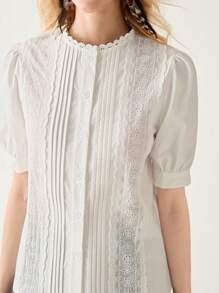 Florisole Camisa de manga corta blanca con volante en el dobladillo, blusa suelta y versátil de estilo casual