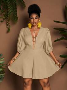 Maweii Plus Size Women's Summer Solid Deep V-Neck Lantern Sleeve Sexy Rompers - Apricot - View 4