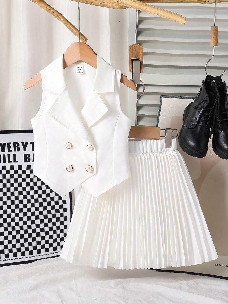 SHEIN Conjunto de Top Sem Manga e Saia Plissada para Meninas Jovens, Adequado para Uso Escolar e Outdoor