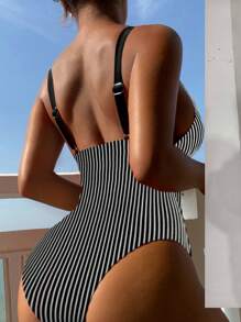 Swim Vcay Women Striped Print One-Piece Swimsuit, Perfect For Vacation For Summer - Black and White - View 2