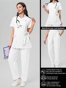 Scrubzie Wrinkle Resistant Short Sleeve Lace-Up Long Shirt And Pants Scrub Uniform Set