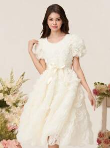 青少年女孩纯色泡泡袖 3D 花卉优雅中长连衣裙（配腰带），夏季 - 杏色 - 查看 1