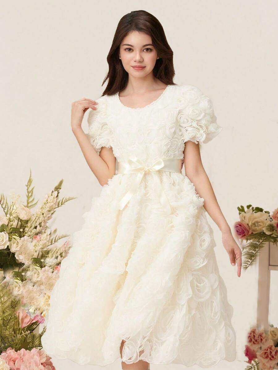 青少年女孩纯色泡泡袖 3D 花卉优雅中长连衣裙(配腰带),夏季 - 杏色 - 查看 1