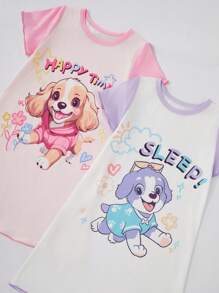 2pcs Young Girl Puppy Print Soft Comfortable Long Nightgown With Purple Sleeves - Multicolor - View 6