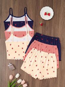 Dream Adore Conjunto de pijama de 3 piezas con estampado de fresa, que incluye camiseta de tirantes y shorts