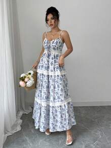 Rafferiza Váy suông in hoa cho nữ có cạp chun eo, trang phục nghỉ dưỡng thanh lịch - Xanh và trắng - Xem 4