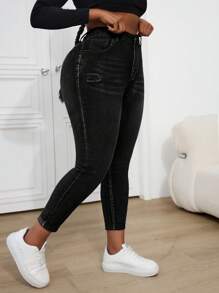 SHEIN ICON Quần Jeans Denim Xanh Cỡ Lớn, Quần Co Giãn Ôm Sát Thường Ngày - màu đen - Xem 6