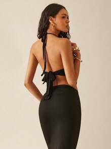 Hauture Summer Vacation Stretchy Solid Cowl Ornament Detail Top - Black - View 2