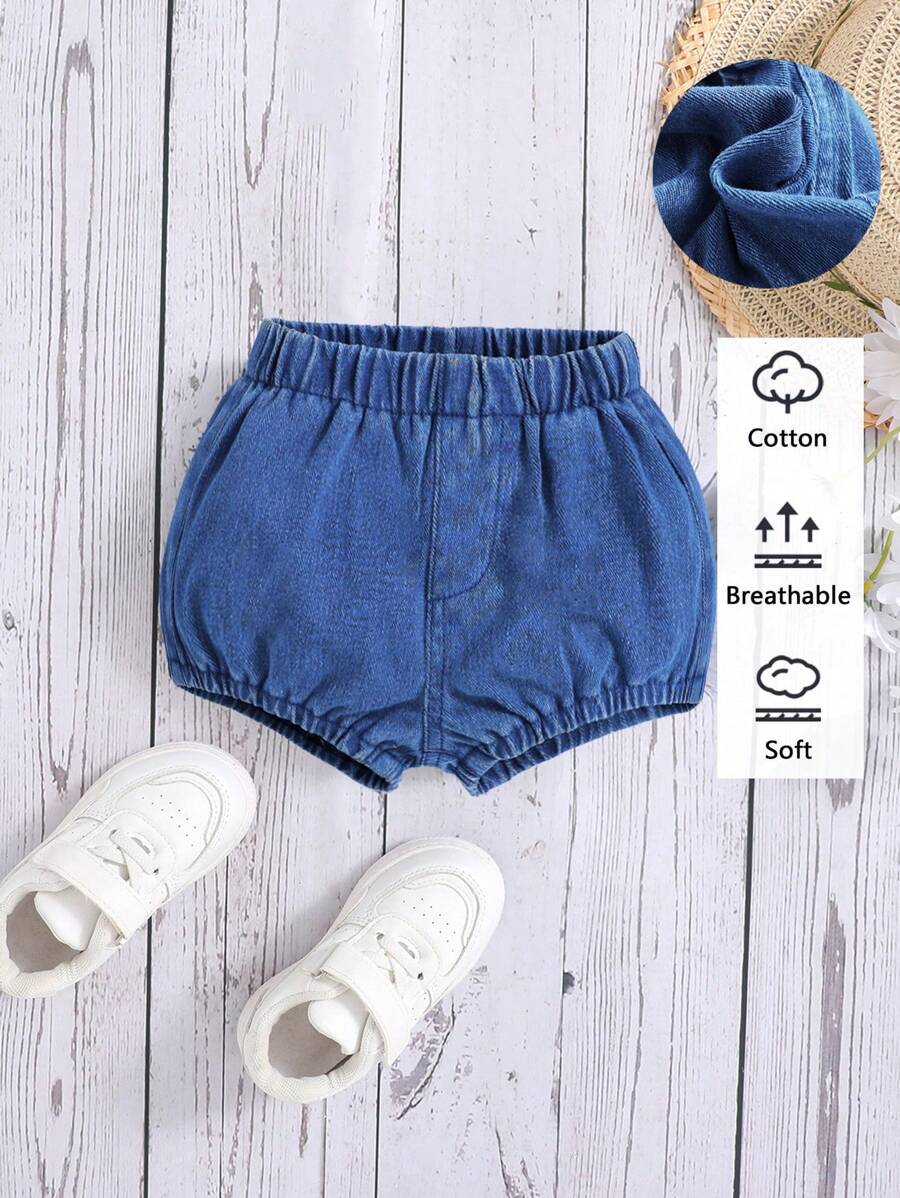 SHEIN 女婴水洗柔软针织牛仔平角内裤 - 深色水洗藍 - 查看 1