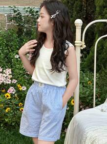 DAZY Sommer Strickweste und karierte Webshorts Set für Tween-Mädchen, Tween-Mädchen Loungewear