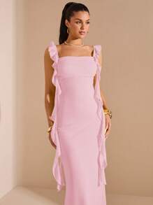 SHEIN BAE 春夏纯黄色荷叶边吊带修身长款雪纺鱼尾连衣裙，伴娘/婚礼宾客迷你连衣裙 - 珊瑚粉 - 查看 6