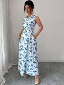 SHEIN LUNE 女式前扣领无袖动物豹纹口袋休闲连衣裙长款女装 - 藍色 - 查看 5