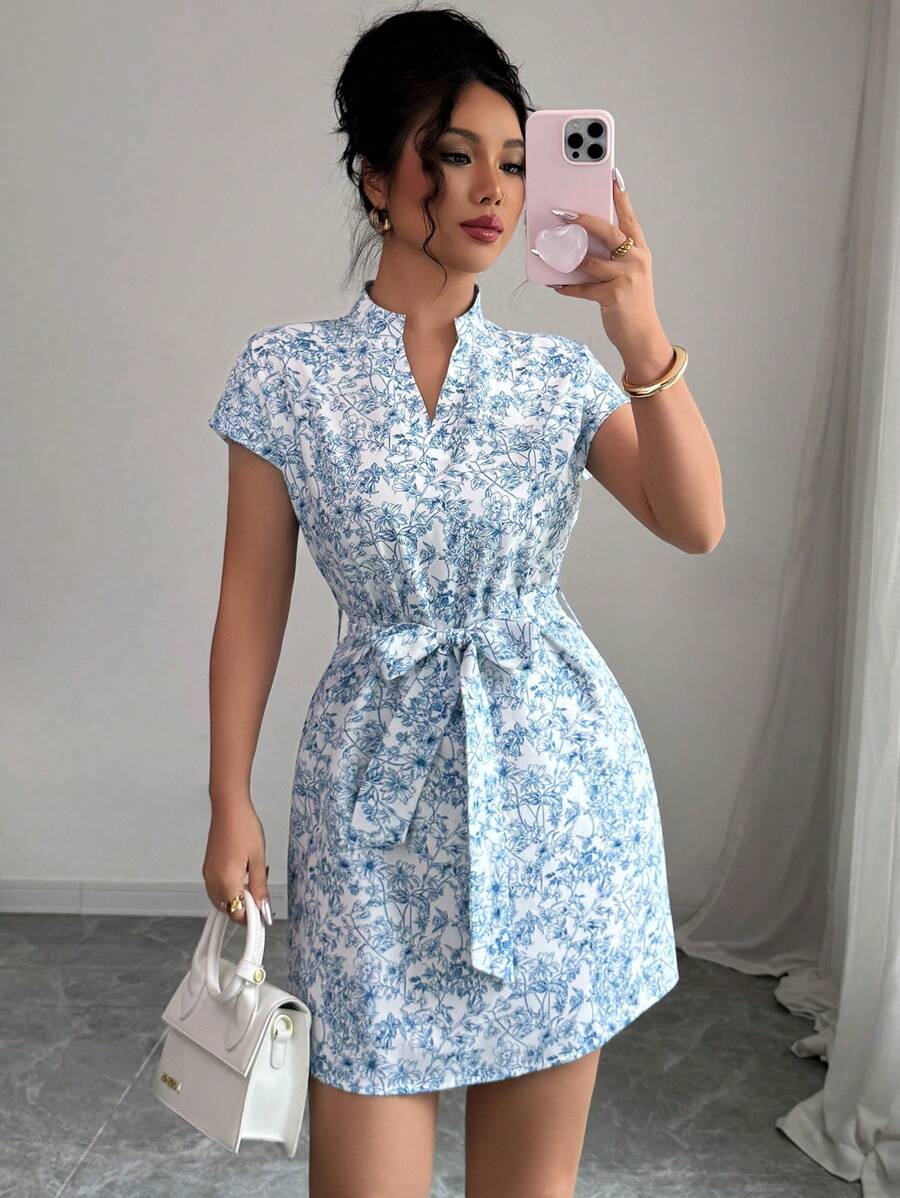 Elenzga Đầm mini tay ngắn thắt lưng họa tiết hoa toàn thân cho nữ - Màu xanh nhạt - Xem 1