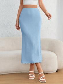 SHEIN PETITE CURVE Váy đen viền đuôi cá cho nữ cỡ lớn - Màu xanh nhạt - Xem 3
