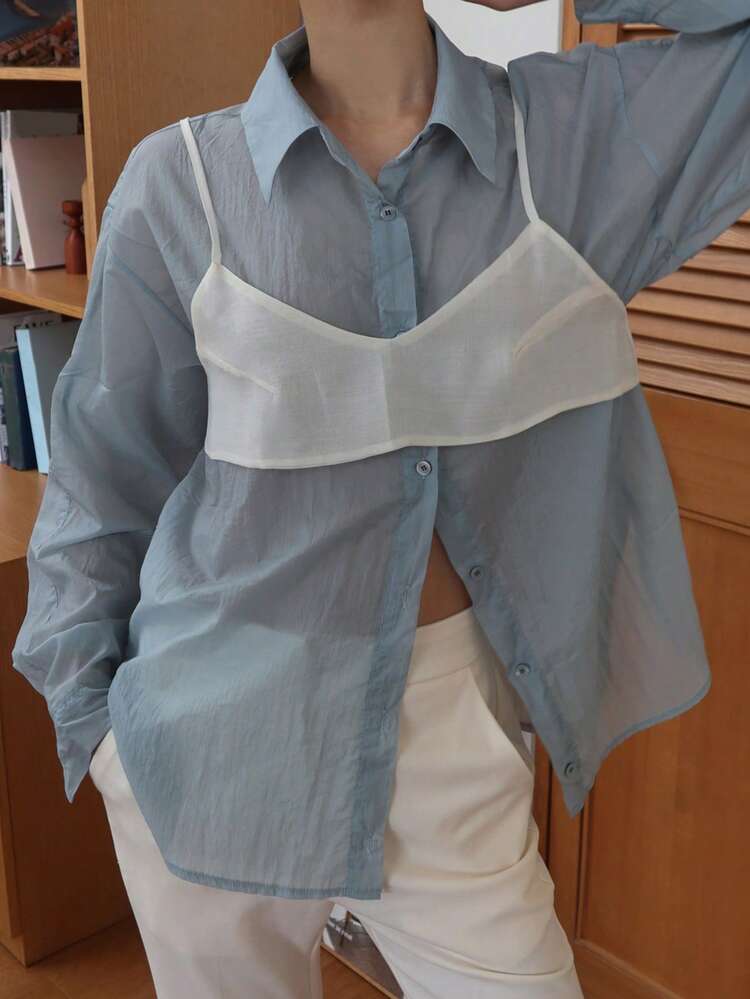 Women's Casual Loose Fit Long Sleeve Semi-Sheer Blouse