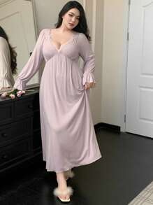 Dazy Plus Váy ngủ dài thắt eo có nơ cổ hình trái tim cỡ lớn, màu hoa oải hương, đồ ngủ, dành cho mùa thu, mùa đông - Màu tím hoa cà - Xem 5