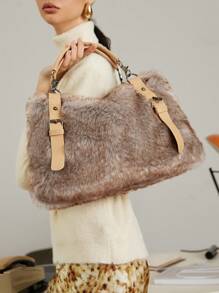 SHECARRY 女士时尚蓬松拼布通勤手提包，新款毛皮钱包