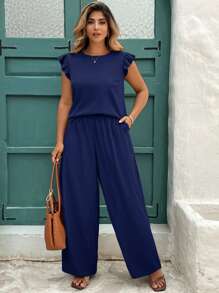 SHEIN Clasi 2 piezas Conjunto de camisa con volantes y mangas cortas + pantalones de pierna ancha de talle alto en color caqui para mujer talla grande, conjunto casual elegante para primavera/verano, 2 piezas conjunto de verano para mujer