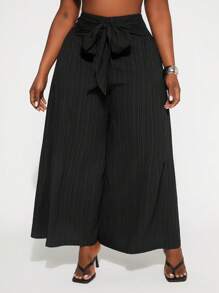 SHEIN SXY Pantalones anchos de pierna ancha de primavera y verano elegantes y sexy para mujer de talla grande, de unicolor, con cintura elástica multicapa dividida y cinturón incorporado, adecuado para uso diario - Negro - Ver 4