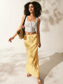 Easelle 黄色棉麻长裙，休闲度假风格 - 黃色 - 查看 4