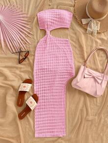 Soleia Váy ôm dáng gợi cảm khoét sâu kết cấu cho kỳ nghỉ, phù hợp cho lễ hội âm nhạc, phong cách Bohemian, ngày lễ, hẹn hò, tiệc trà chiều, bữa sáng muộn trong kỳ nghỉ màu hồng dành cho phụ nữ - Hồng - Xem 3