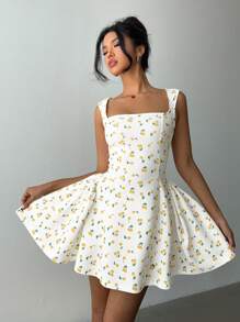 Aloruh 女式樱桃印花方领迷你连衣裙，时尚夏季 - 黃色 - 查看 7