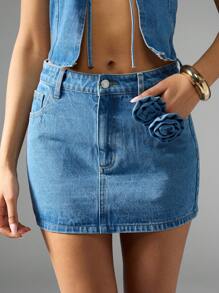 MISSGUIDED 玫瑰花细节牛仔迷你裙 节日夏季 Y2K 紧身微高腰俱乐部装派对短裤