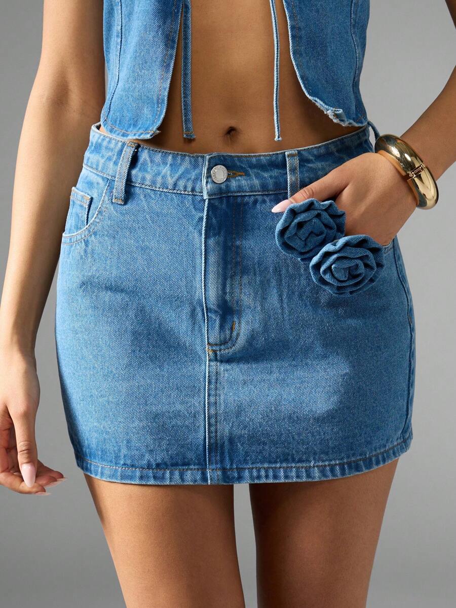 MISSGUIDED 玫瑰花细节牛仔迷你裙 节日夏季 Y2K 紧身微高腰俱乐部装派对短裤