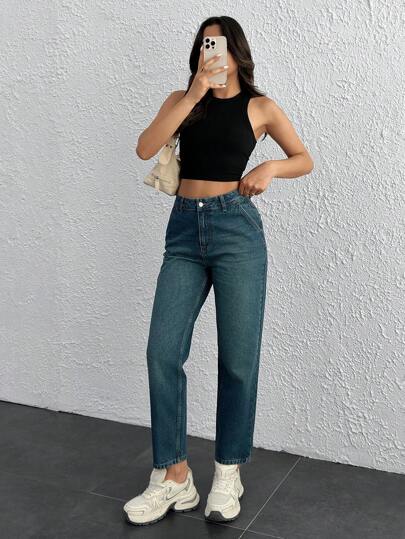 SHEIN 100% Cotton High Waist Slanted Pocket Mom Fit Jean Women Clothing Y2k Women Summer Clothing Woman S Summer Clothes Women Summer Sets