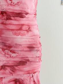 Soleia 女士节日浪漫扎染花卉网眼褶皱荷叶边露肩长裙，适合节日、约会、下午茶、派对、婚礼、海滩、游轮、时尚性感街头服饰、夏季 - 粉色 - 查看 4